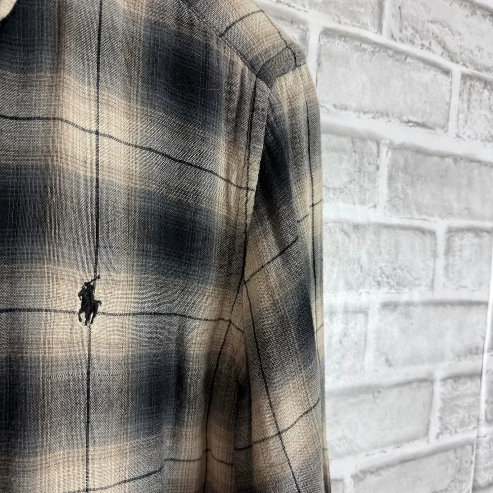 Ralph Lauren Boys XL 18-20 Grey Black Plaid Lightweight Flannel Shirt Pony Logo